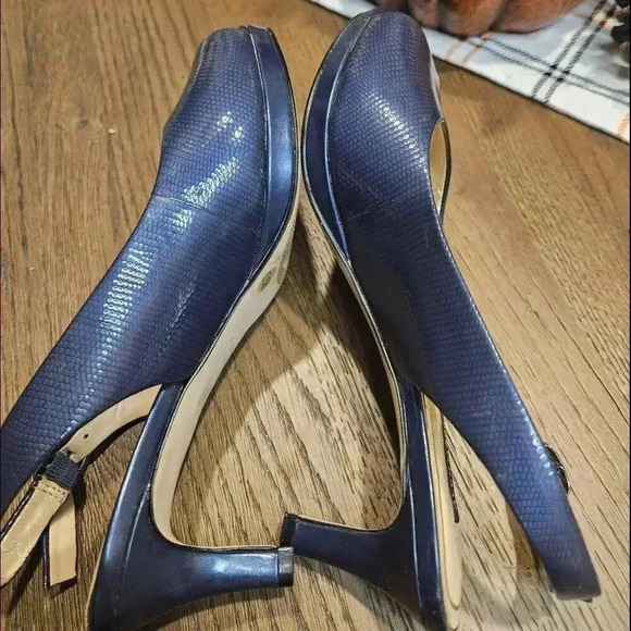 Alluring Alex Marie Navy Blue Open-Toe Heels - Picture 6 of 8